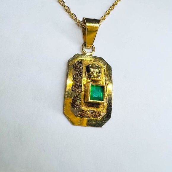 18k Yellow Gold Pre Columbian Tumi Natural Emerald Necklace 18" 3.3g 14k Chain - Picture 6 of 15